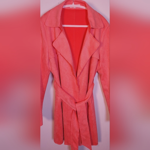 Solitaire Faux Suede Belted Trench Coat Size Large Waterfall Lapel Jacket Duster - Picture 8 of 16